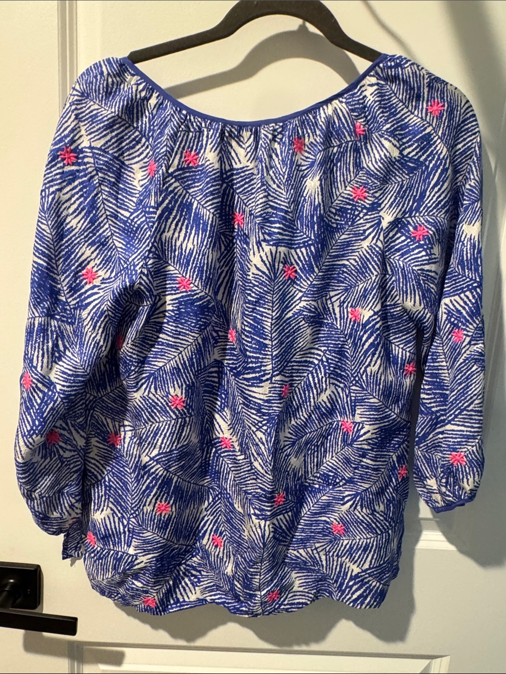 Lily Pulitzer style silk blue/White Print Women's Peasant Tunic Pink Embroidery